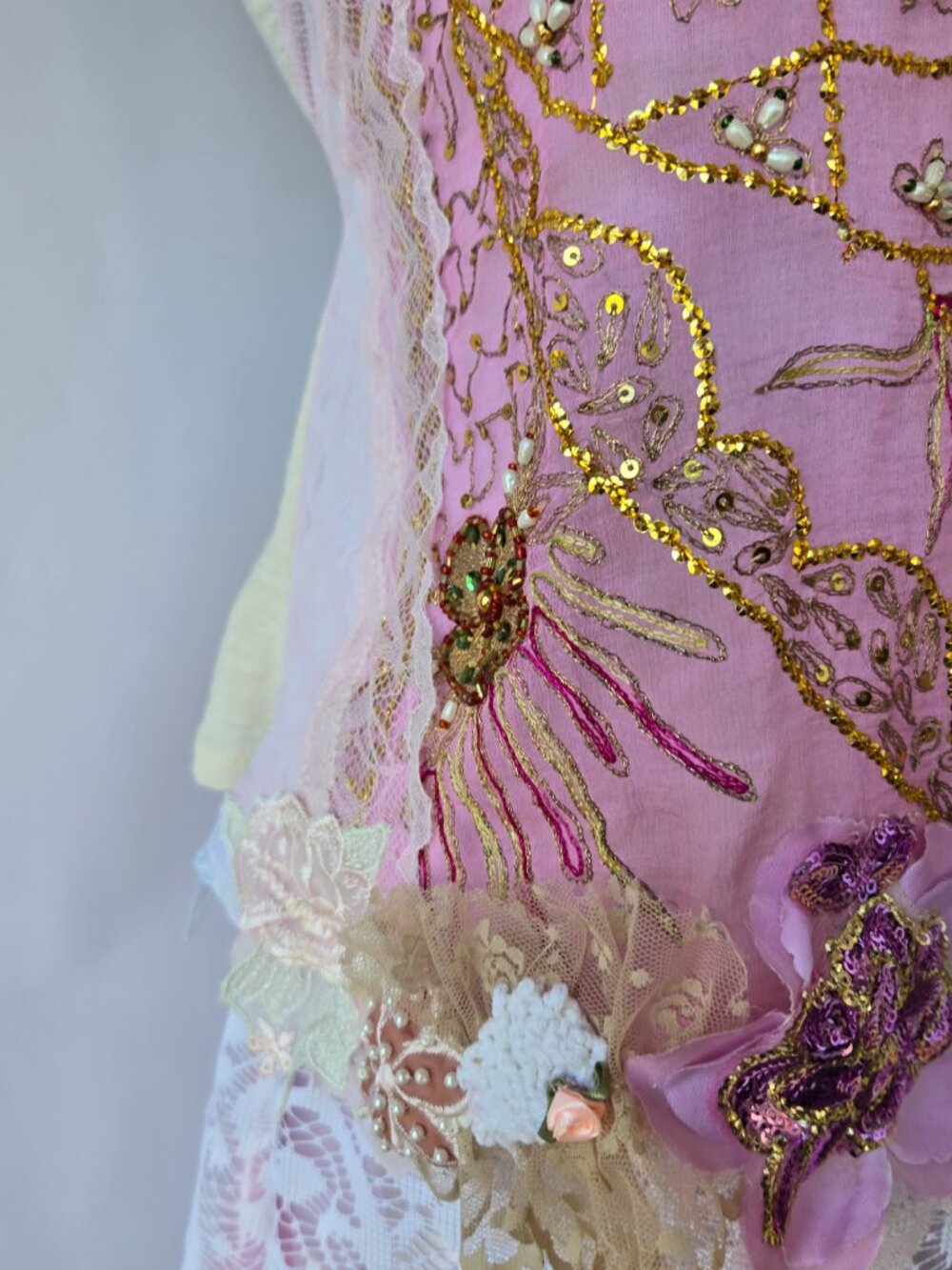 Handmade Cream Pink Gold Embroidered Lace Tube-Top Blouse Balletcore Style Med - Picture 9 of 13